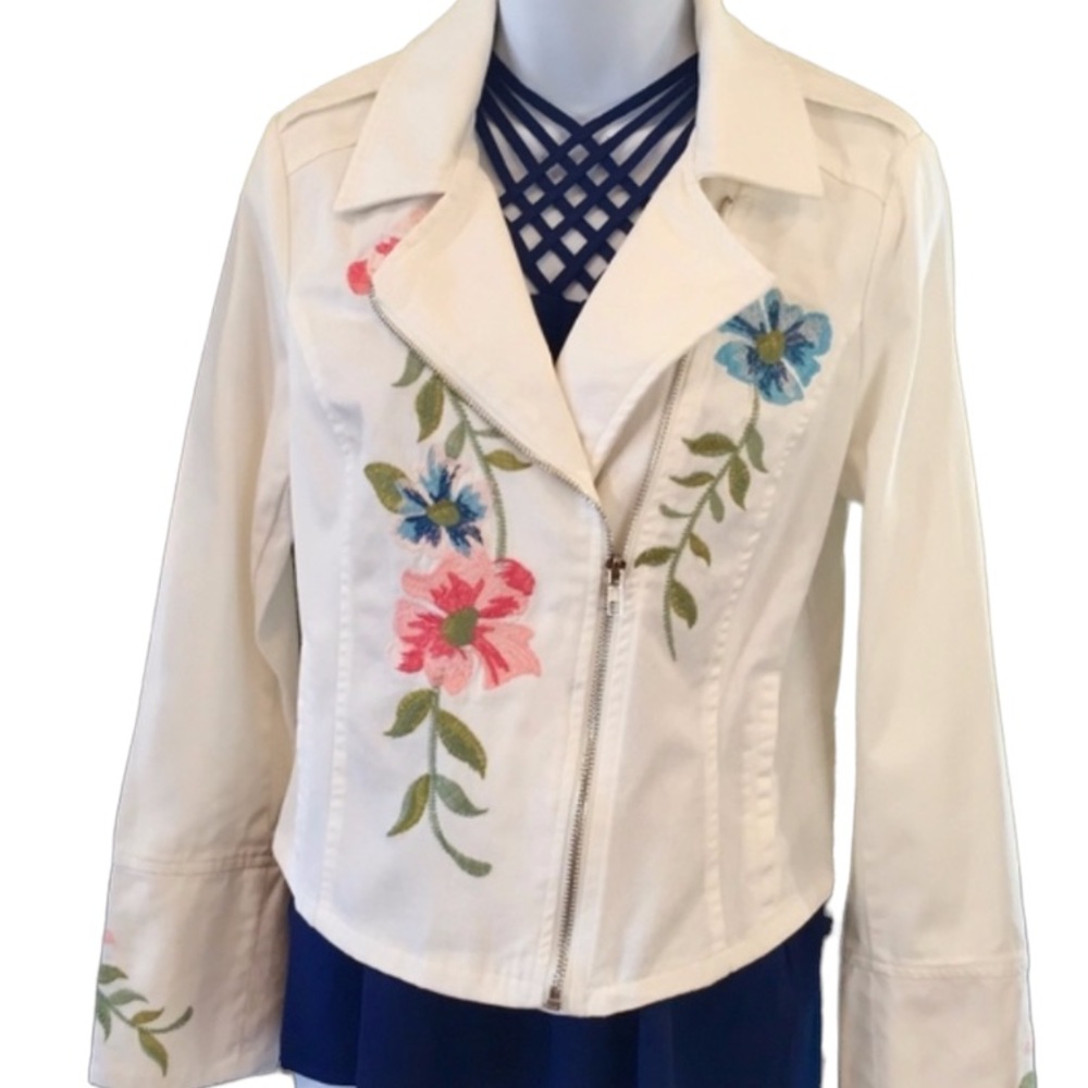 Jealous Tomato White Moto Jacket With Floral Embroidery Medium